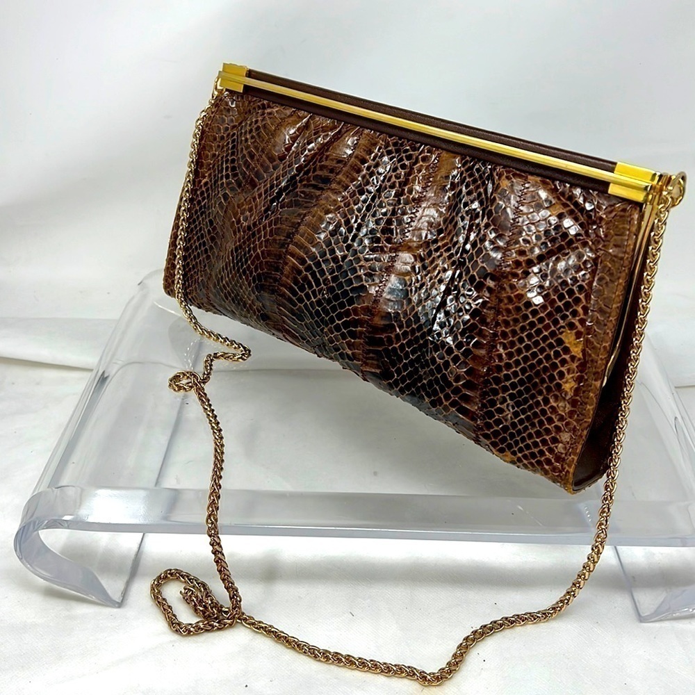 Snakeskin Brown Goldtone Frame Clutch Shoulder Chain Bag Purse